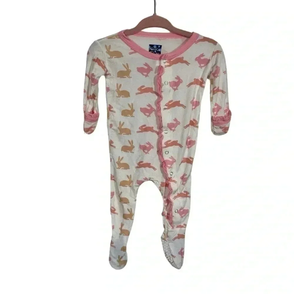 KicKee Pants Bamboo Footie Snaps One Piece Pajamas Bunny Rabbits Ruffle Easter